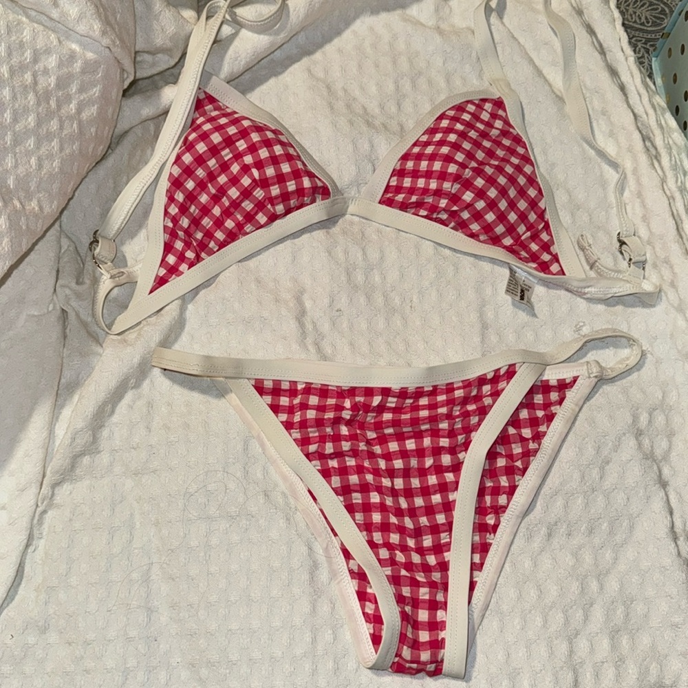 High waisted bikini. Pink and white size small